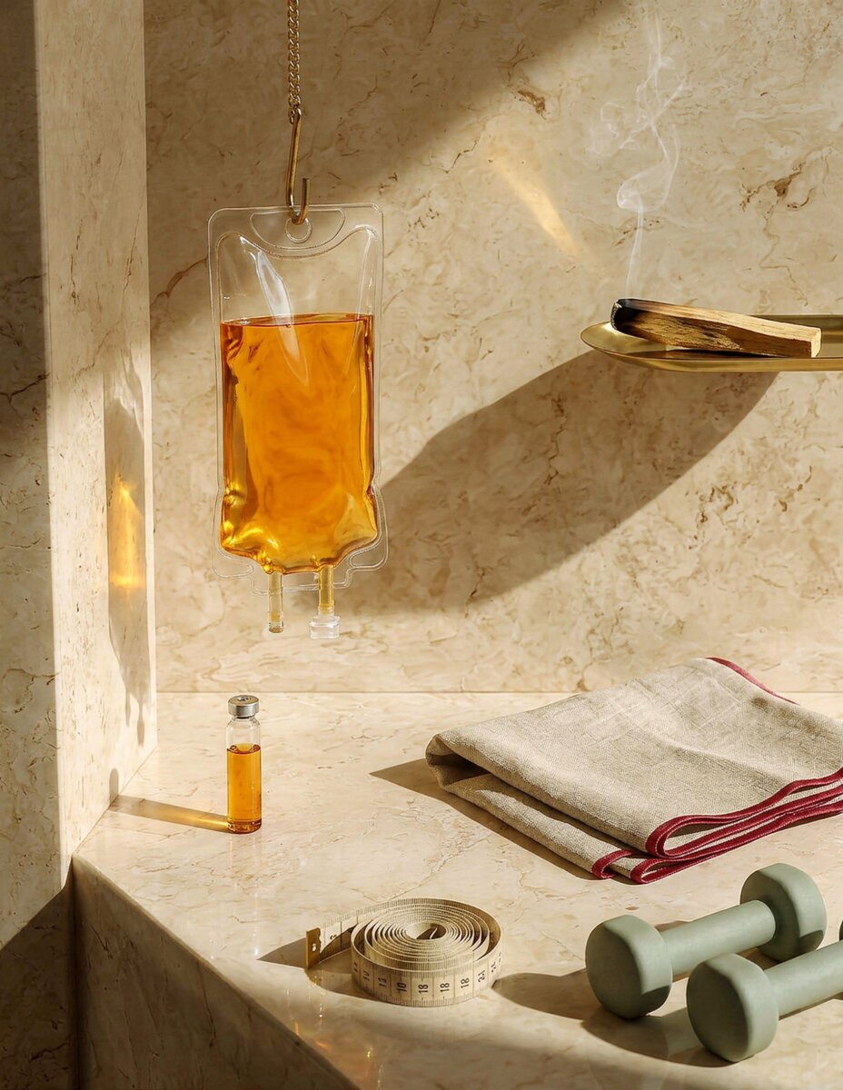 An amber IV drip and recovery essentials on a marble ledge at the Buena Health studio